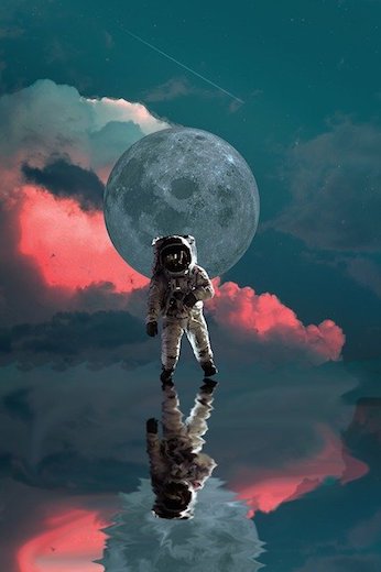Astronaut med månen i bakgrunden